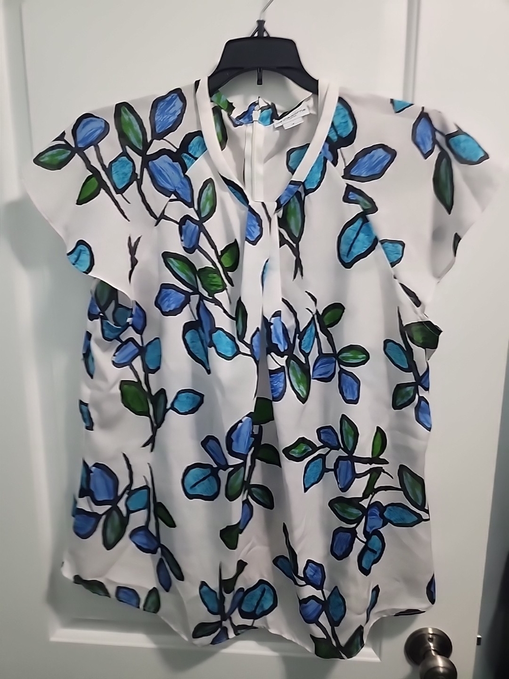 Liz Claiborne White Blouse with Blue & Green Leaf Print